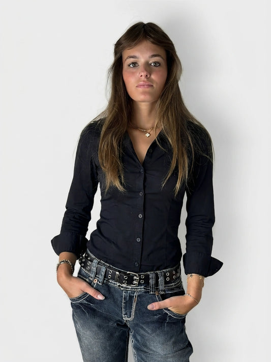 Front view of a black body shirt with a button-up design.