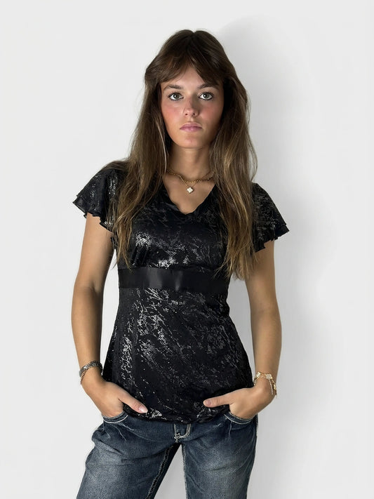 Black body shirt with lace detail, front view.