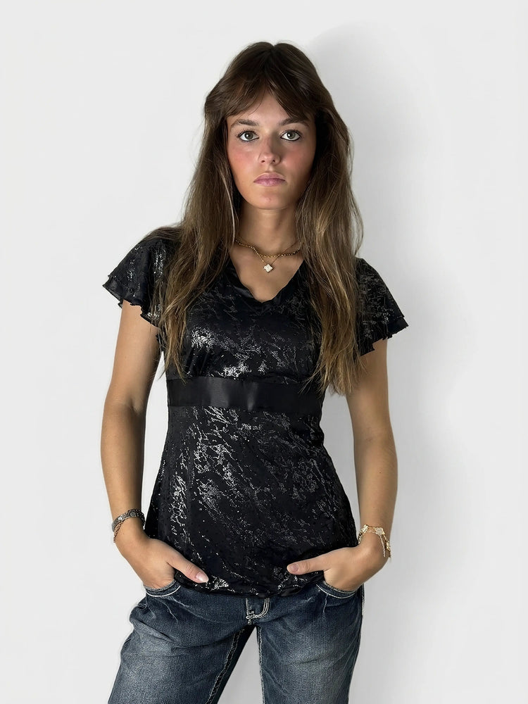 Black Elegance Lace Top with Ruffles (M)