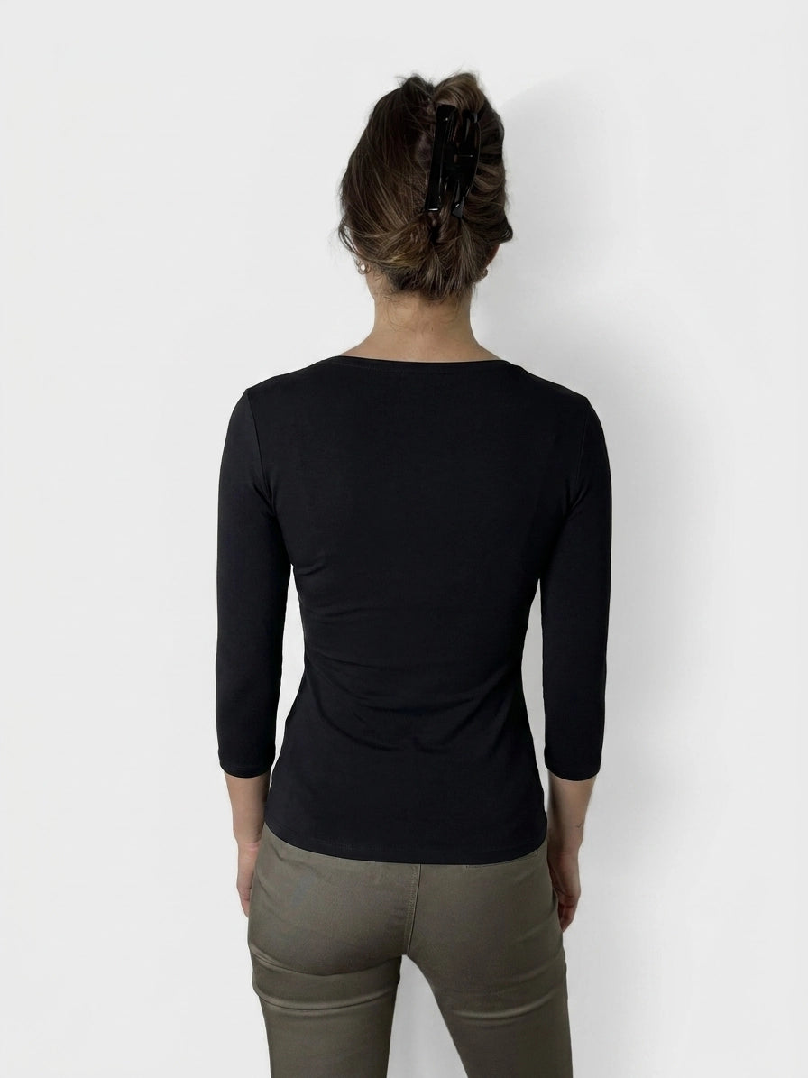 Back view of a black women's body t-shirt with long sleeves.