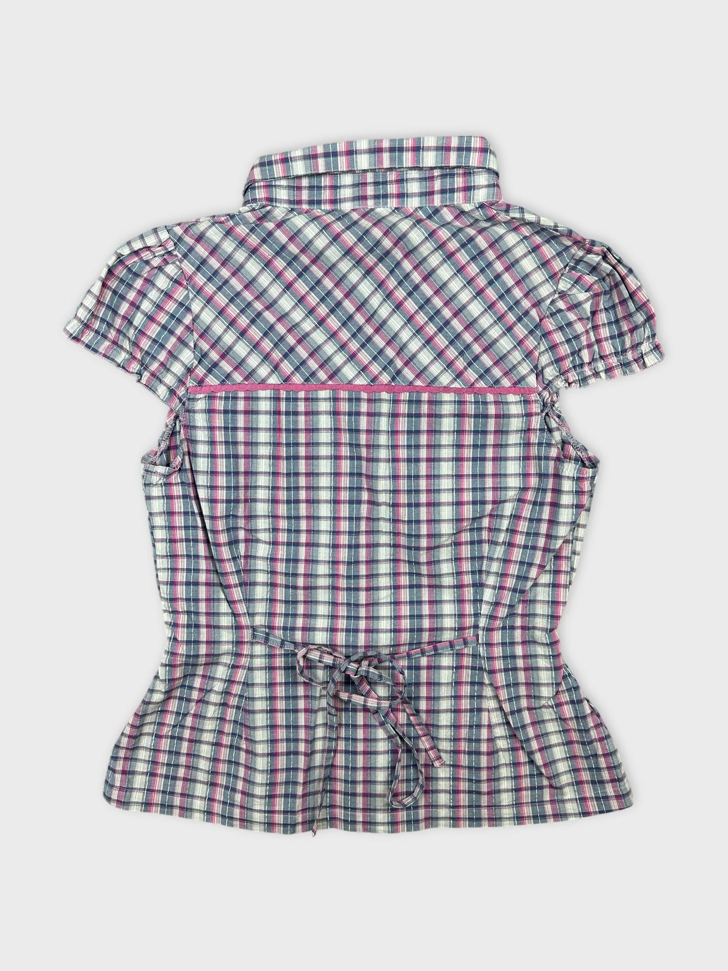 Back view of a plaid women’s body t-shirt with short sleeves.