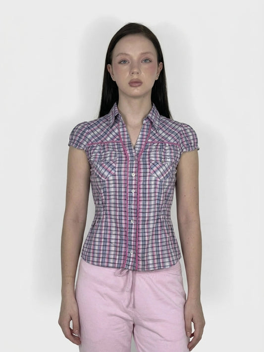 Front view of a women's body t-shirt in pink and blue plaid with a fitted shape.