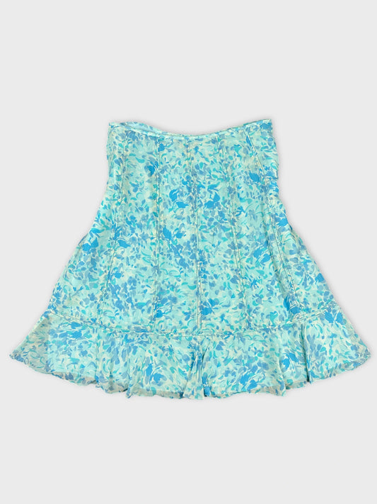 Back view of a blue floral print dress with ruffled hem.