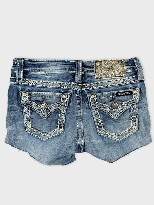 Back view of denim shorts in blue with embellished pockets.