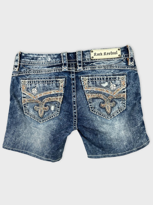 Back view of denim shorts with decorative stitching and pocket details.