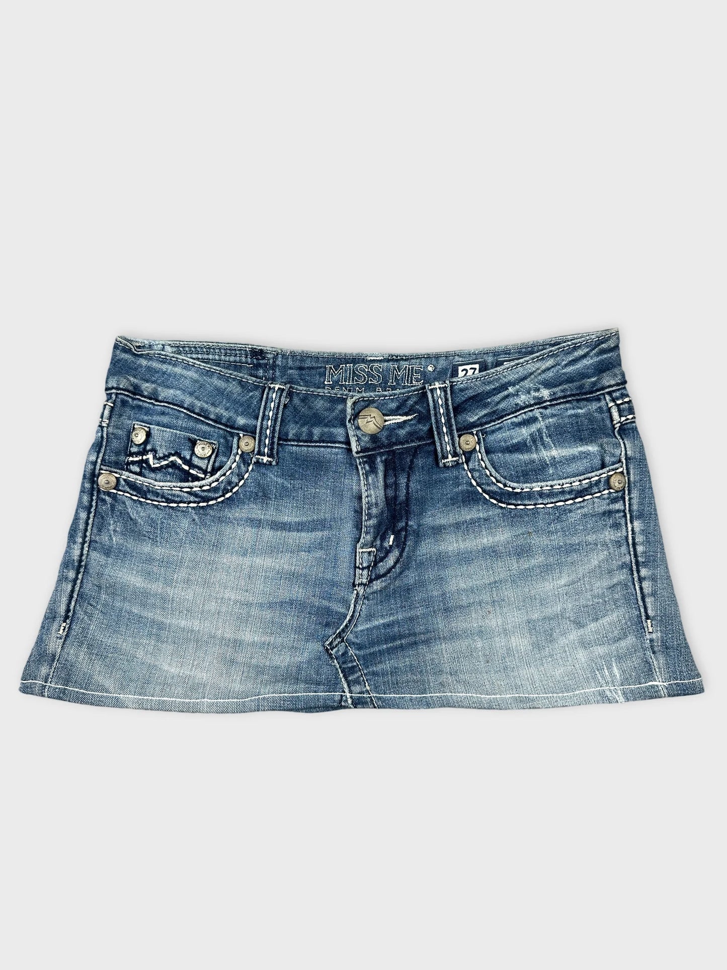 Front view of a denim skirt in light blue with stitching details.