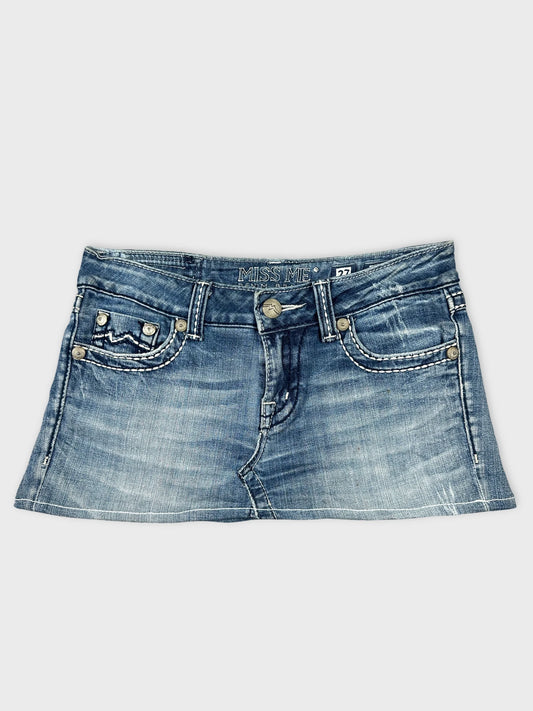 Front view of a denim skirt in light blue with stitching details.