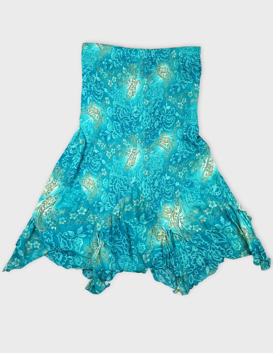 Back view of a turquoise dress featuring a floral pattern and ruffled hem.