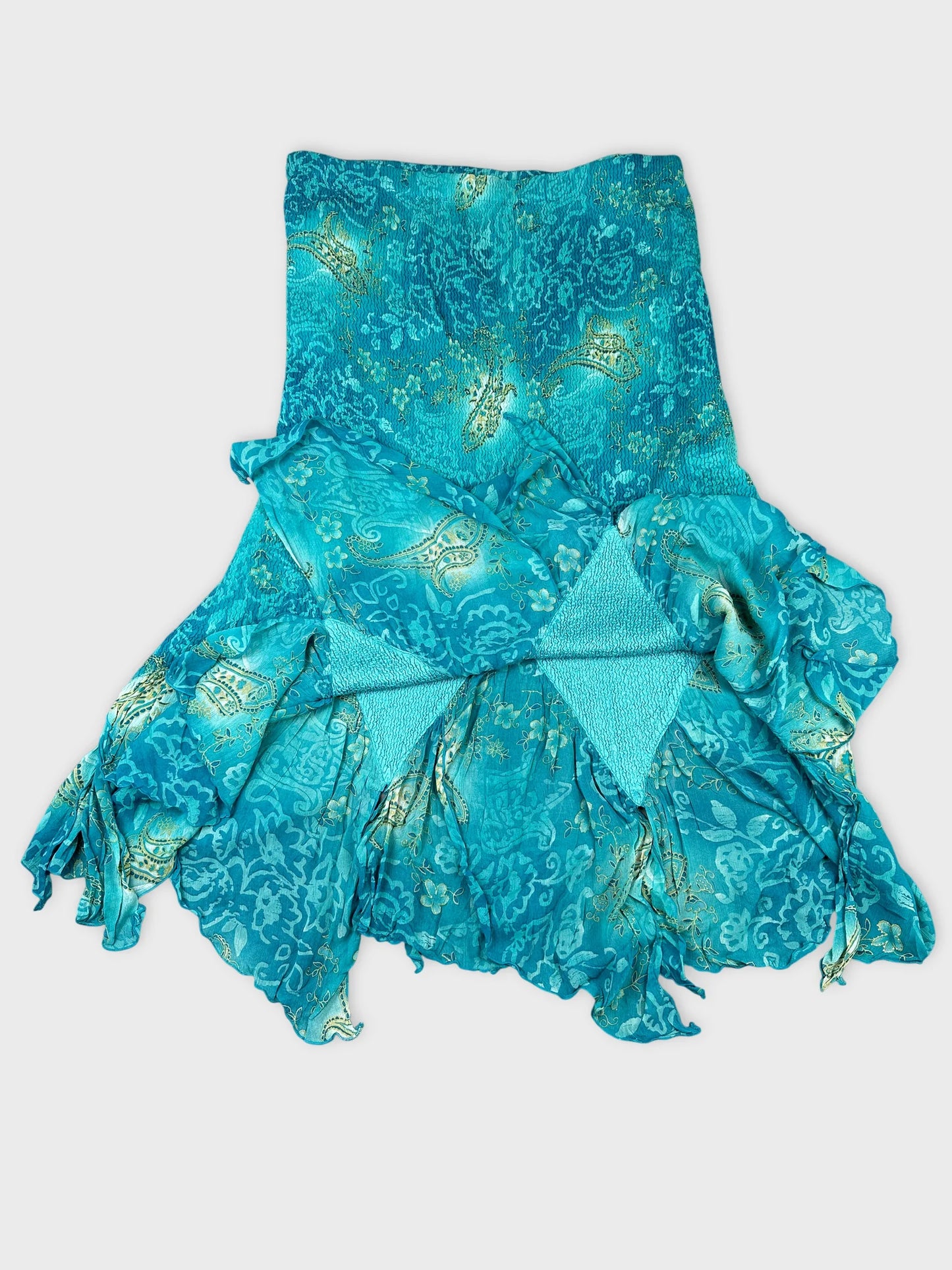 detail view of a sleeveless turquoise dress with a ruffled hem