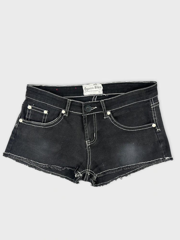 Sleek Black Denim Mini Shorts with Fringe (W31 / L)
