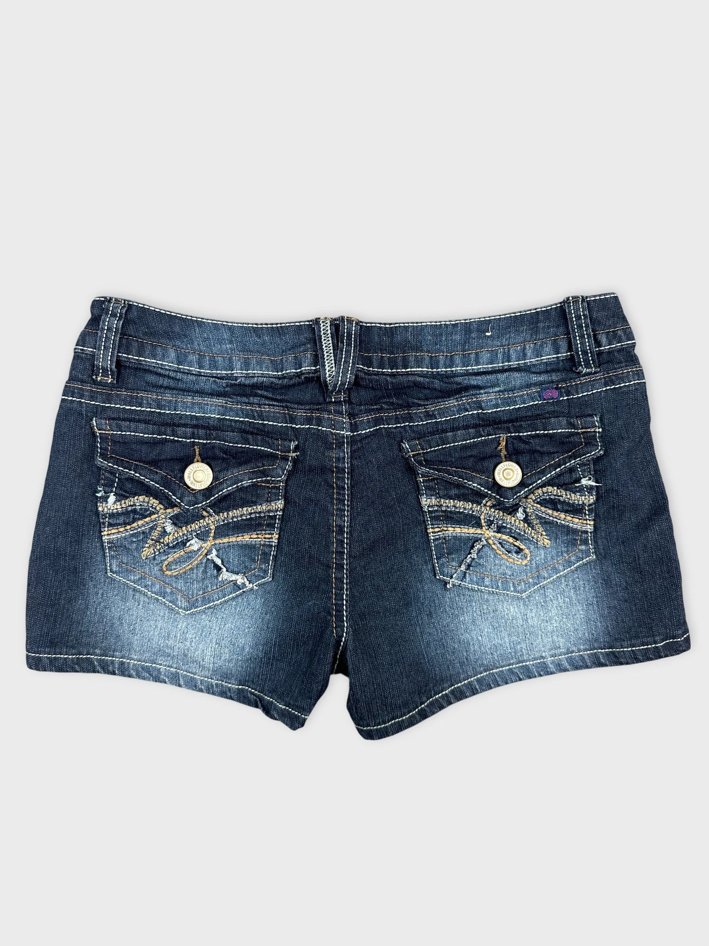 Back view of blue denim shorts featuring decorative pockets and stitching.