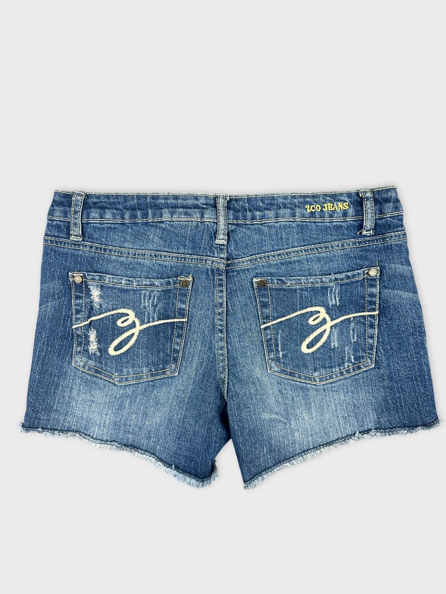 Back view of blue denim shorts featuring distressed details and embroidered pockets.