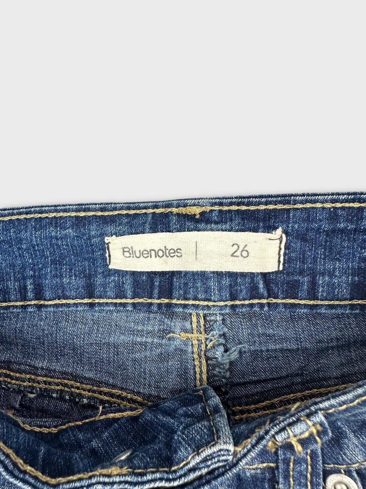Detail view of women's denim shorts in dark blue with visible stitching.