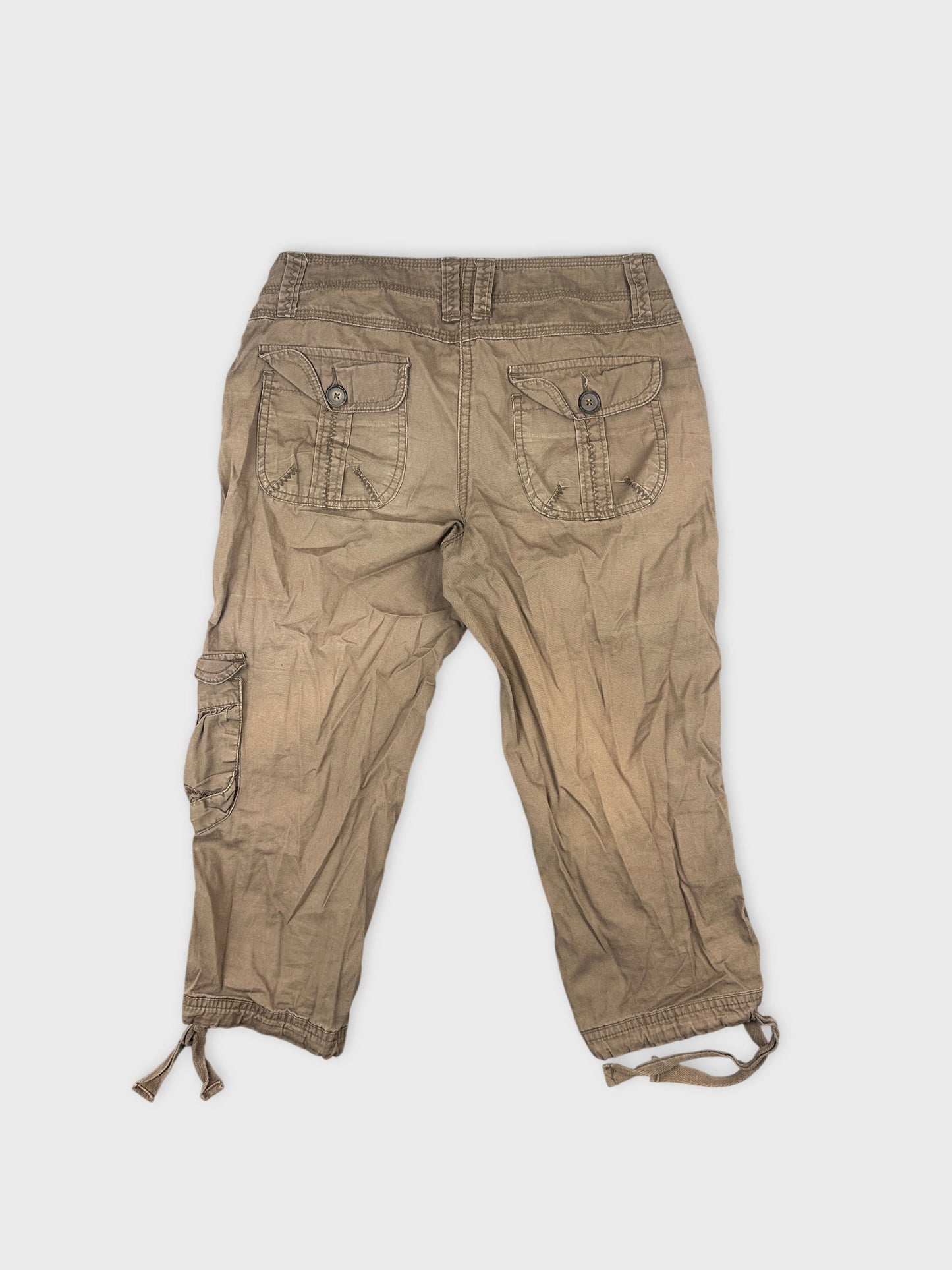 Back view of brown cargo shorts with buttoned pockets and drawstring hems.