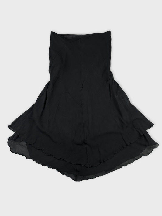 Back view of a black skirt with a ruffled hemline.