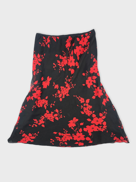 Back view of a black skirt with red floral pattern.