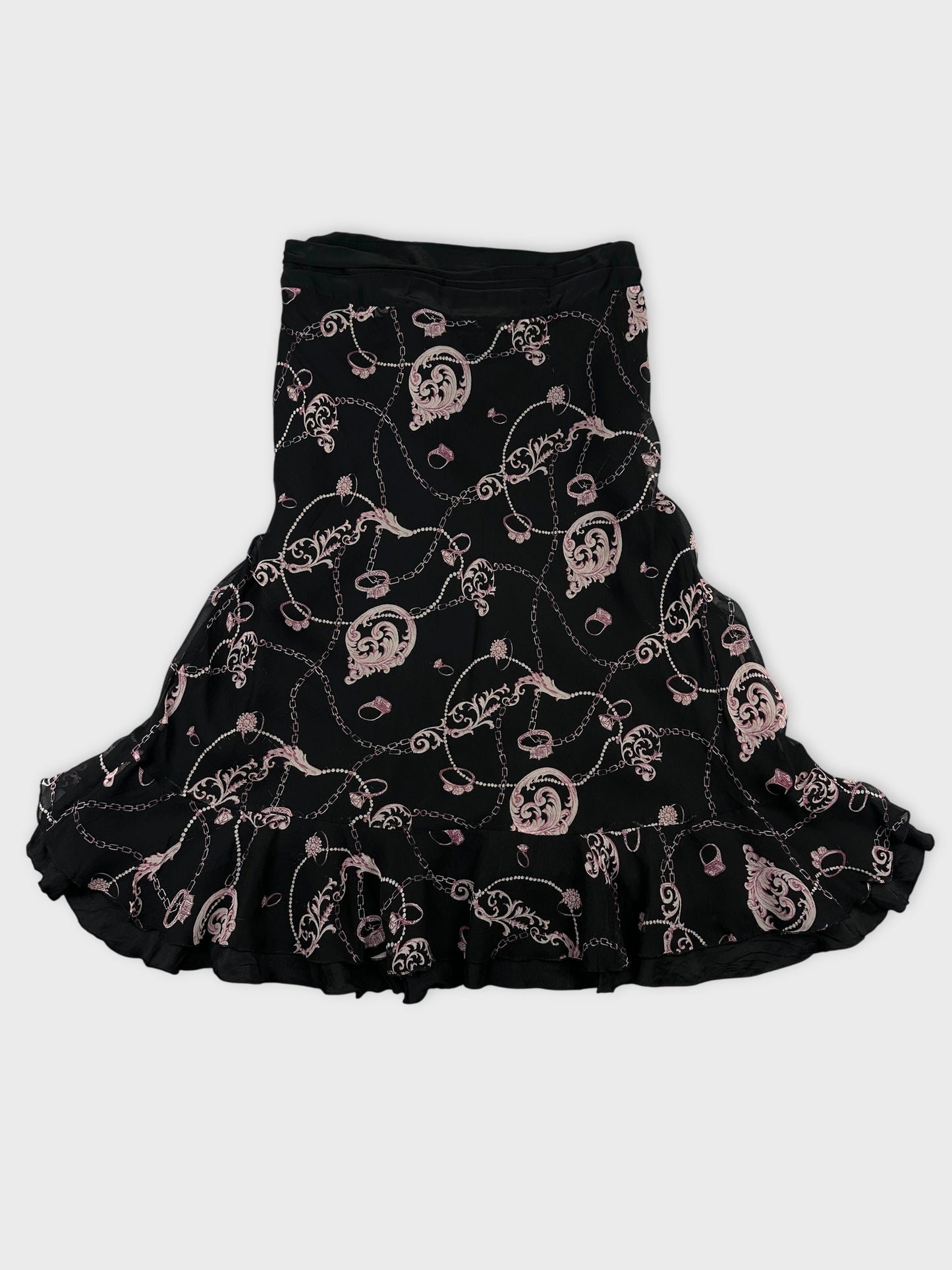 Back view of a black skirt featuring pink floral chain patterns and ruffled hem.