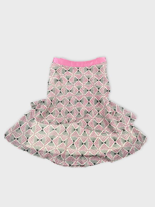 Back view of a skirt featuring a pink and black geometric pattern.