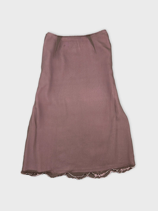 Back view of a vintage pink skirt with scalloped trim.