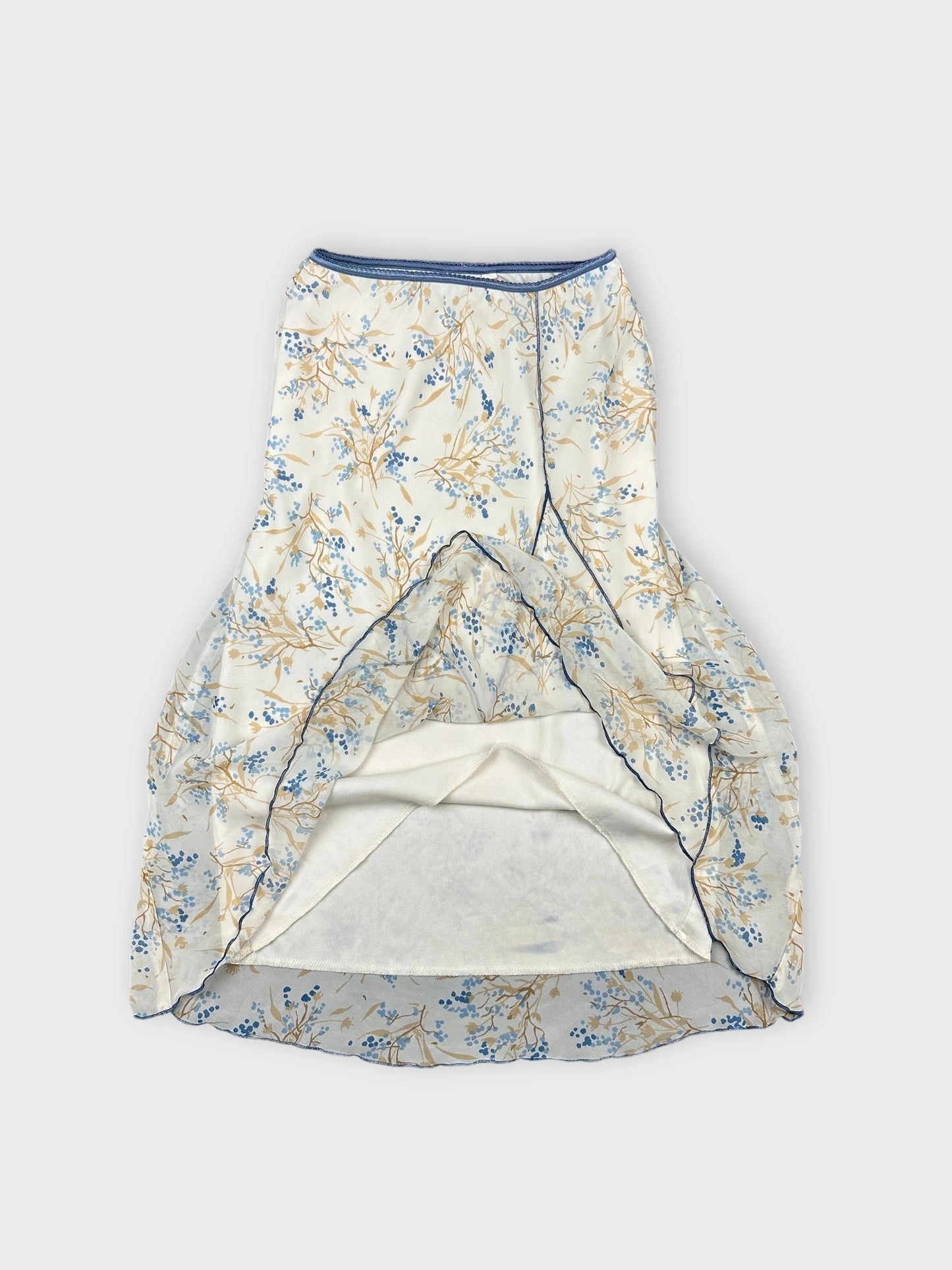 Detail view of a floral print skirt in cream and blue.