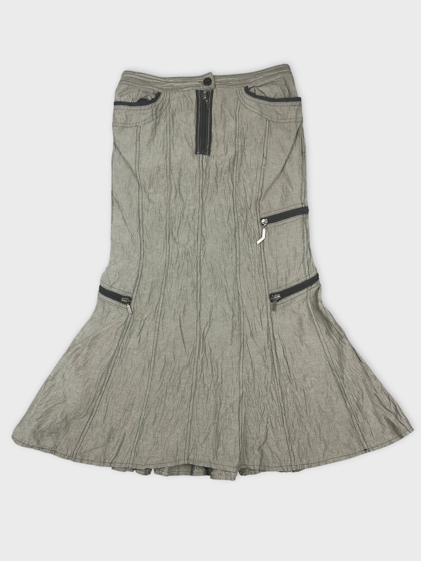 Front view of a gray skirt with zippered pockets and a flared shape.
