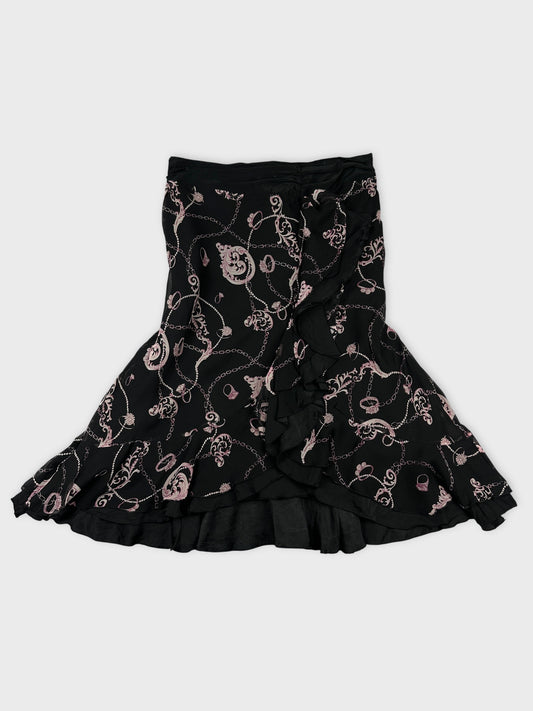 Black skirt with floral and chain print front view
