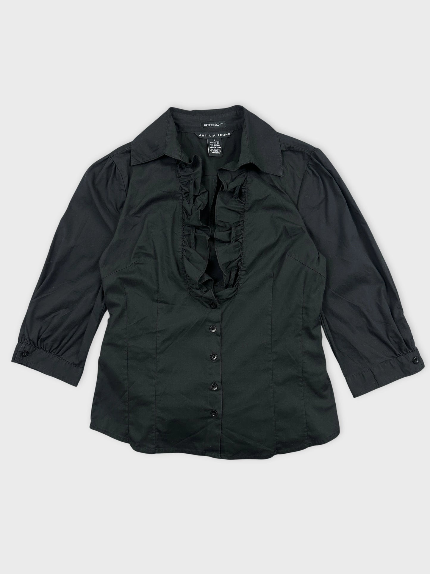 Black bottom up shirt with ruffled front detail front view