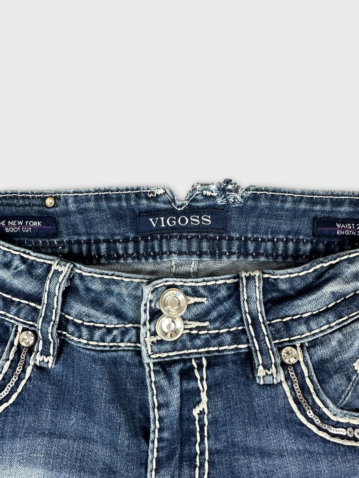 Detail view of blue denim jeans featuring a button and stitching design.