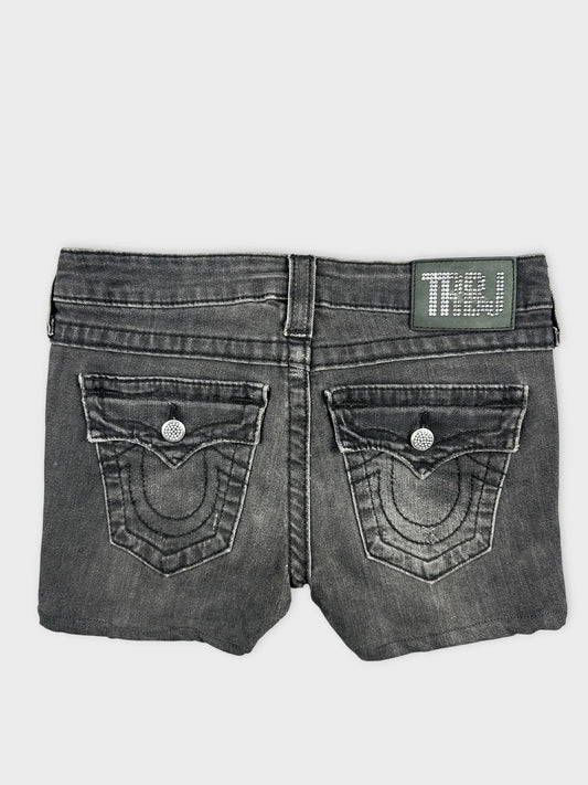Back view of women denim shorts in dark grey with decorative pockets.