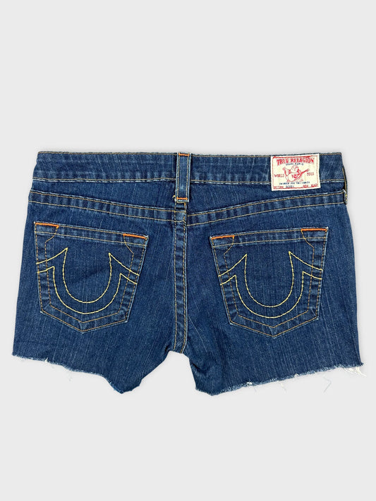 Back view of denim shorts featuring yellow stitching and two back pockets.