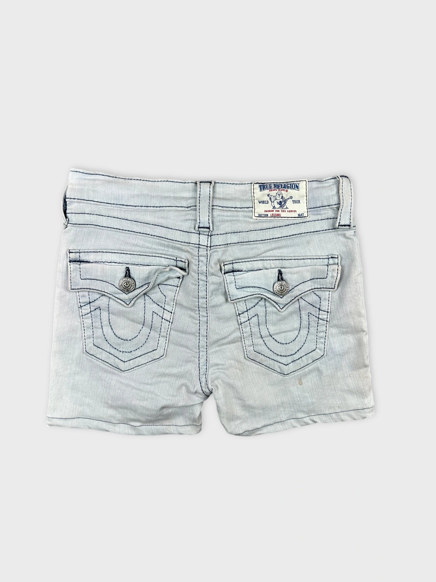 Back view of light blue denim shorts featuring decorative stitched pockets.