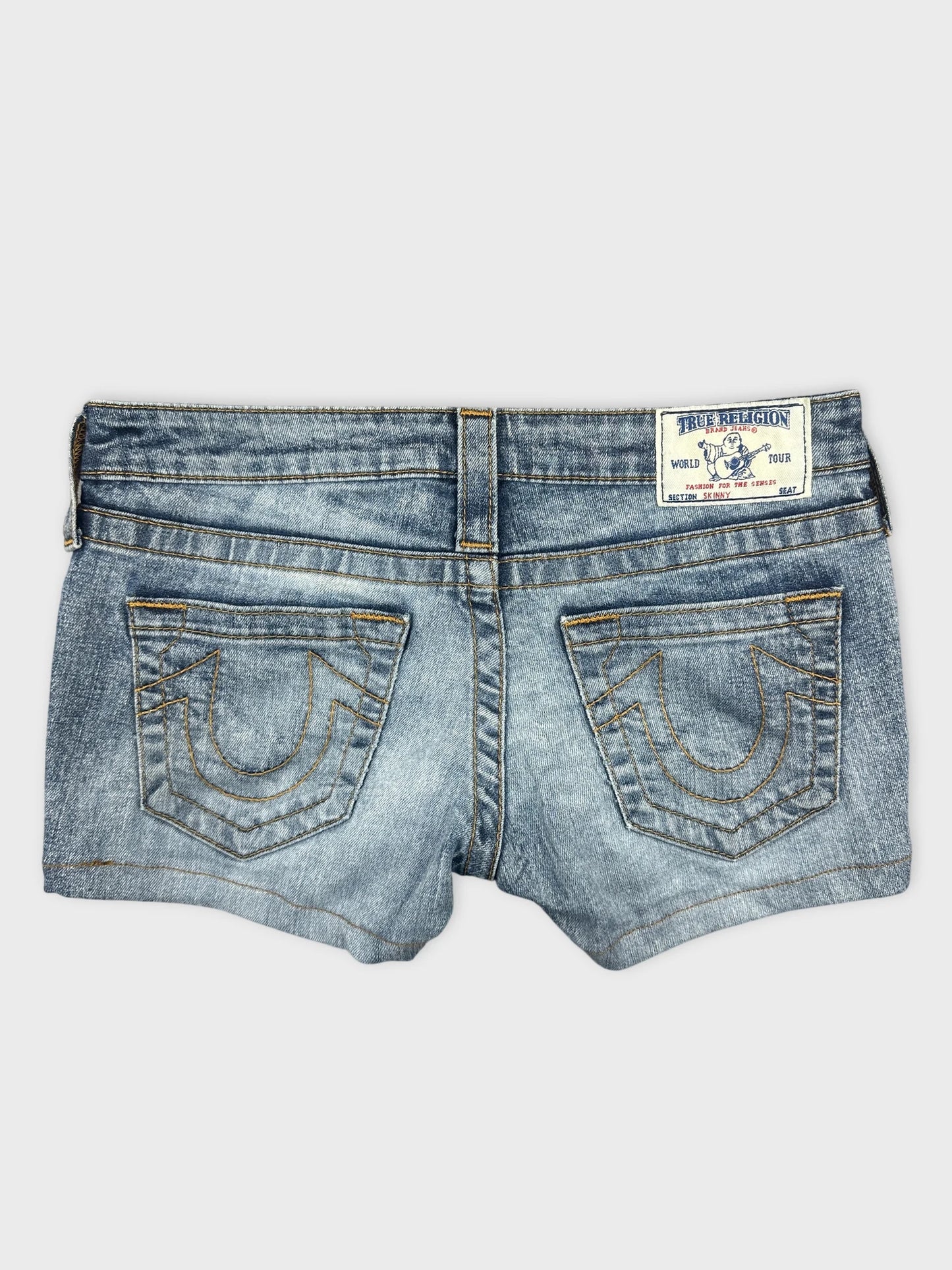 Back view of blue denim shorts featuring decorative stitching on pockets.