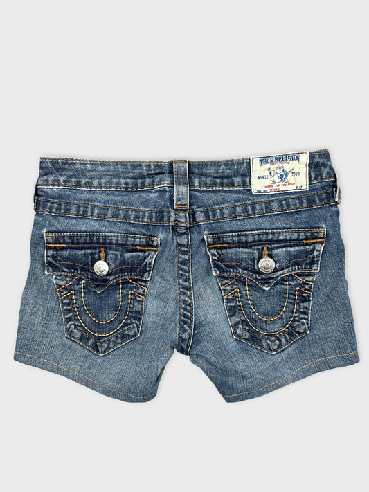Back view of women's denim shorts featuring light blue fabric and unique pocket stitching.