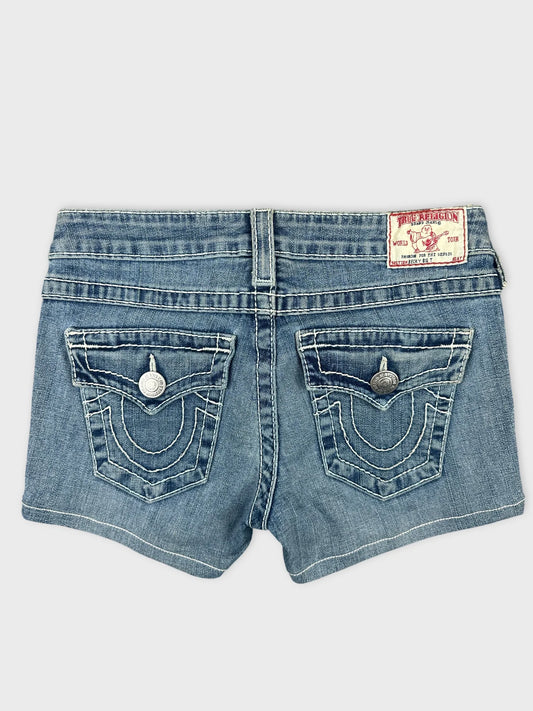 Back view of blue denim shorts featuring two decorative pockets