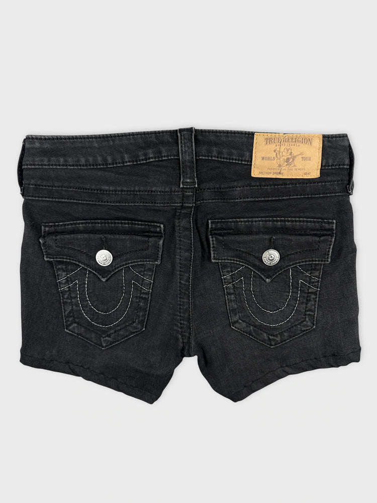 True Religion Black Denim Shorts with Edgy Details (W27)