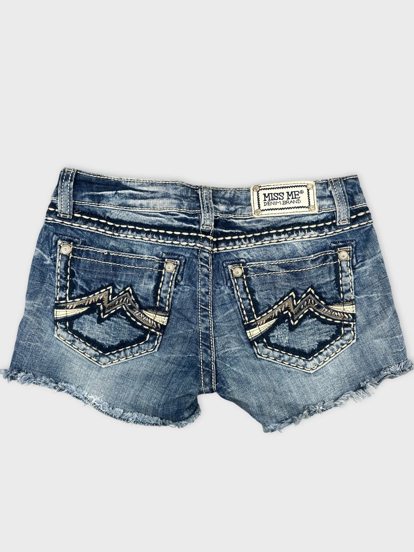 Back view of blue denim shorts featuring decorative stitching on pockets.