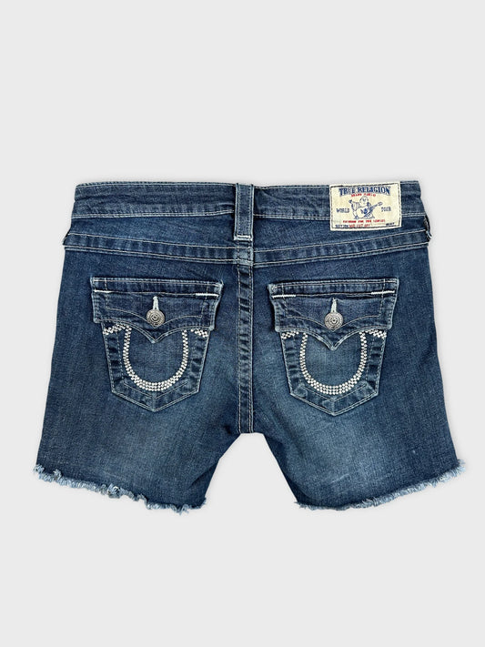 Back view of women denim shorts in dark blue with embellished pockets.