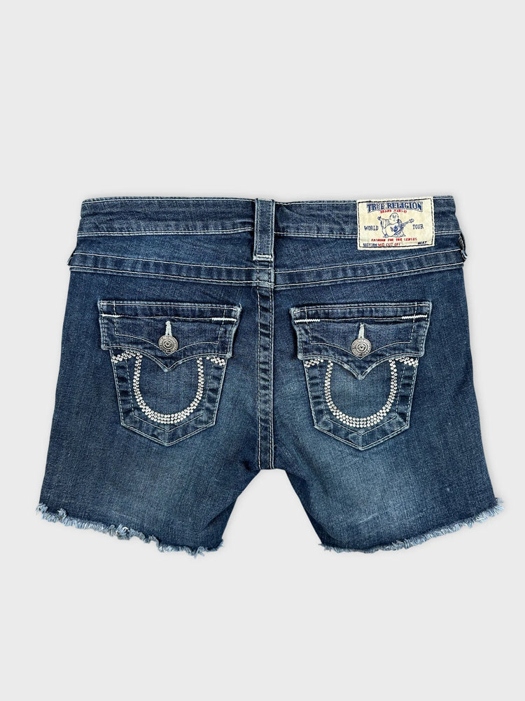True Religion Distressed Denim Shorts with Edgy Fringe (W26)