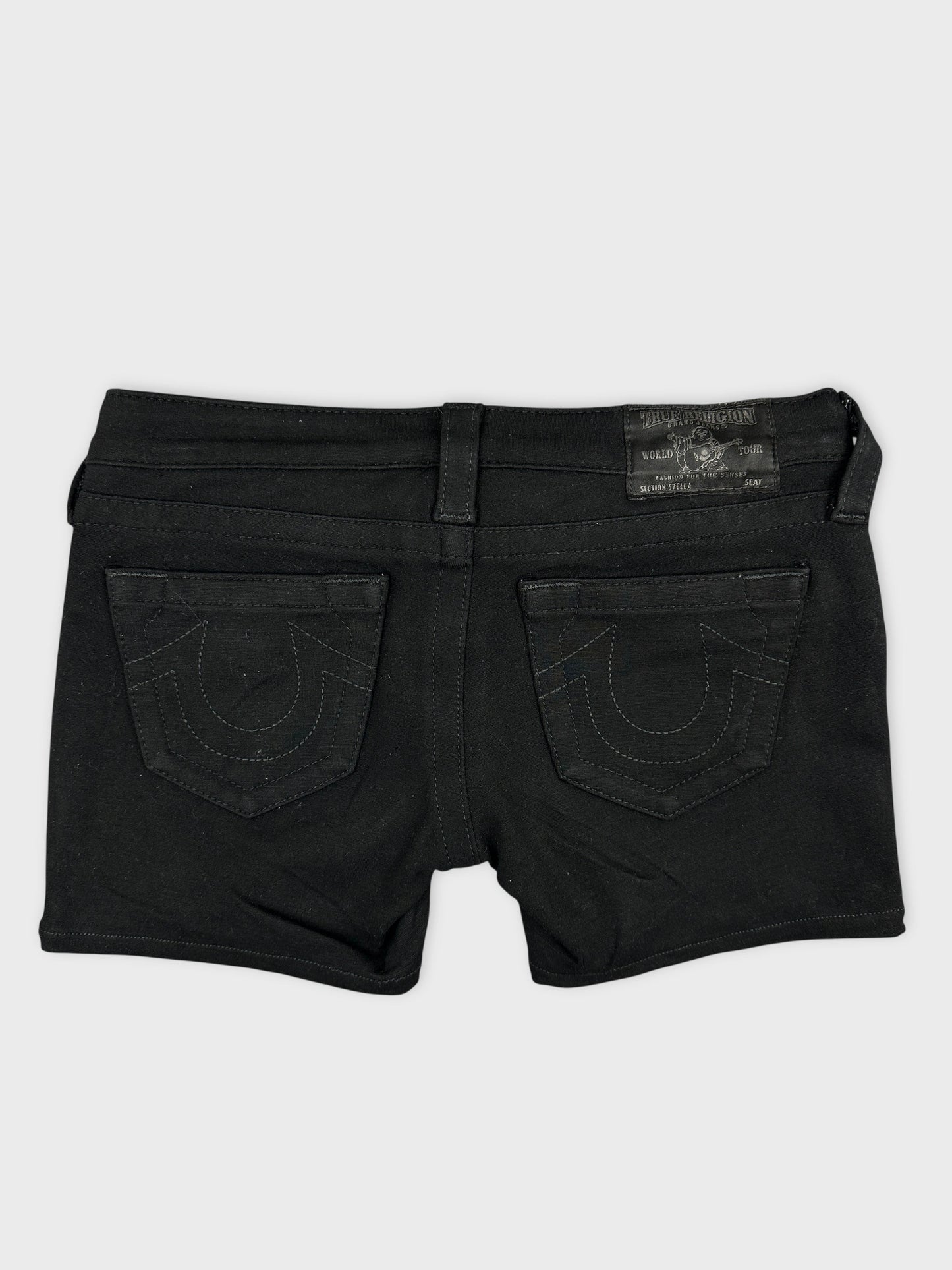 Back view of black women denim shorts with detailed back pockets.