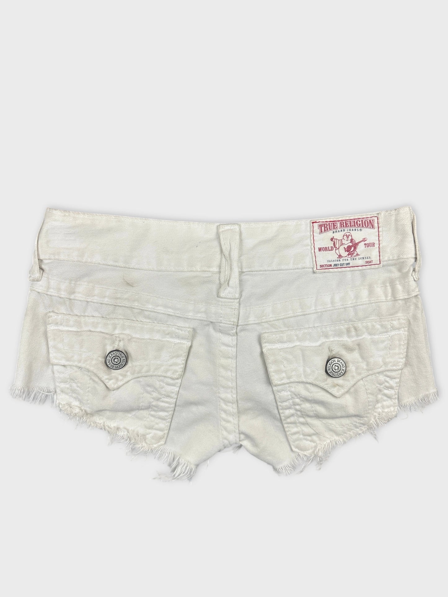 Back view of white denim shorts with frayed hem and pockets.