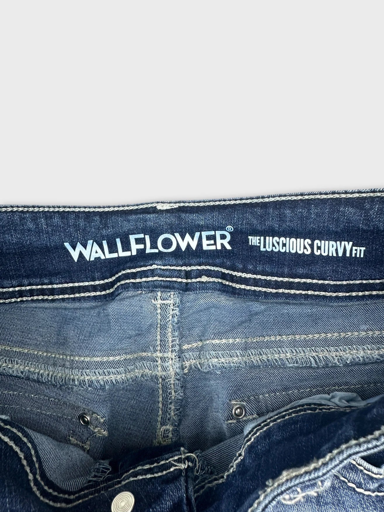 Detail view of women's denim shorts featuring blue fabric and visible stitching details.