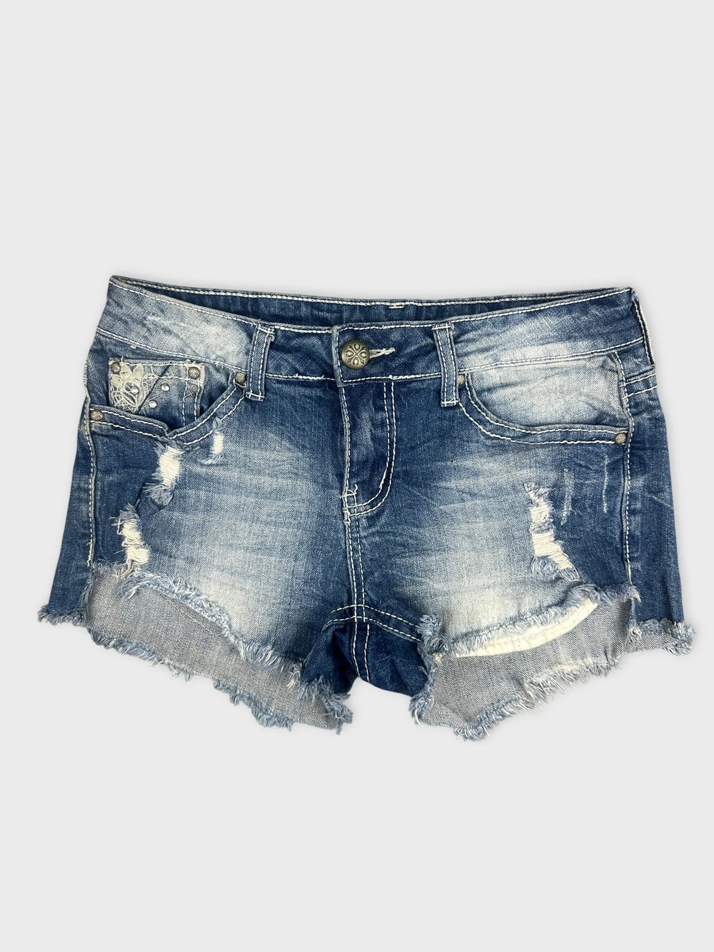 Denim shorts in dark blue with distressed edges shown in front view.