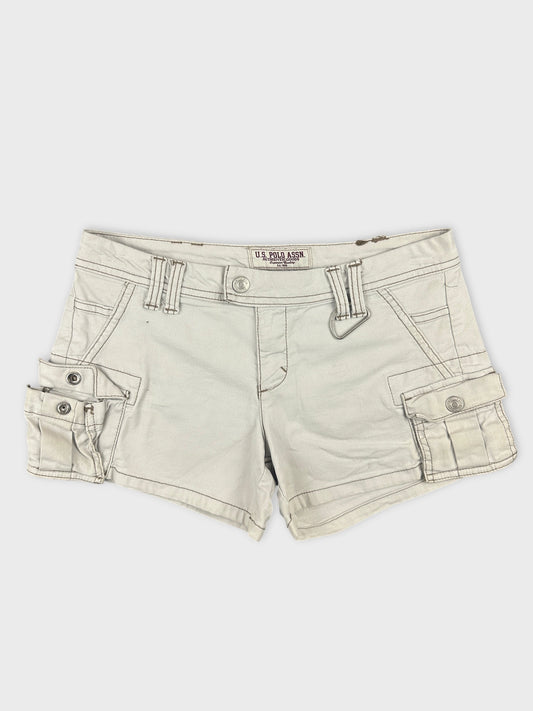Front view of women's denim shorts in light gray with utility pockets.