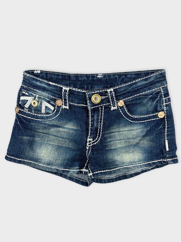 Front view of women denim shorts in dark blue with contrast stitching details