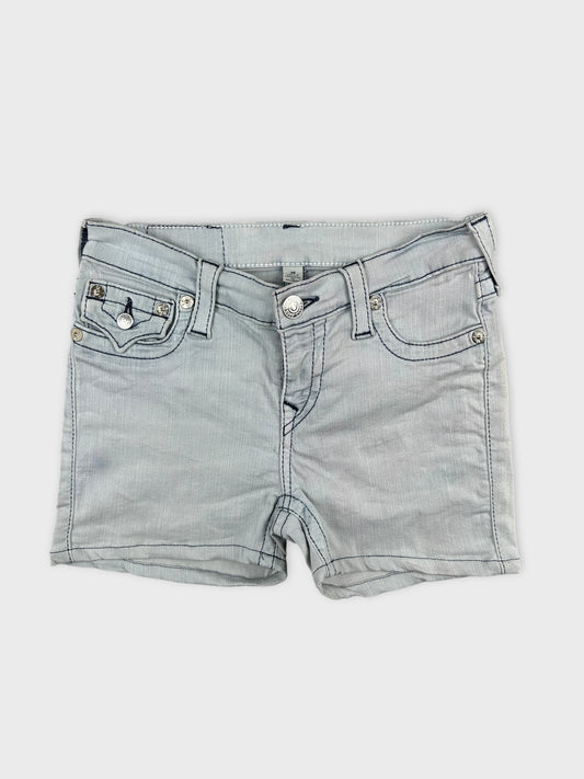 Front view of women denim shorts in light gray with decorative pocket details.