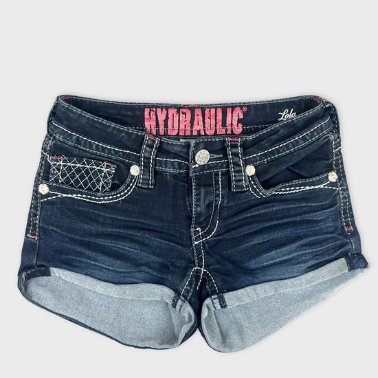 Dark Wash Denim Shorts with Distressed Details (W25 / XS