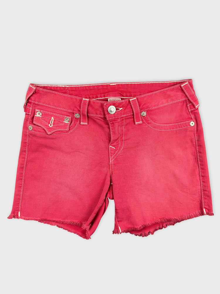 True Religion Red Denim Shorts with Distressed Hem (W30)