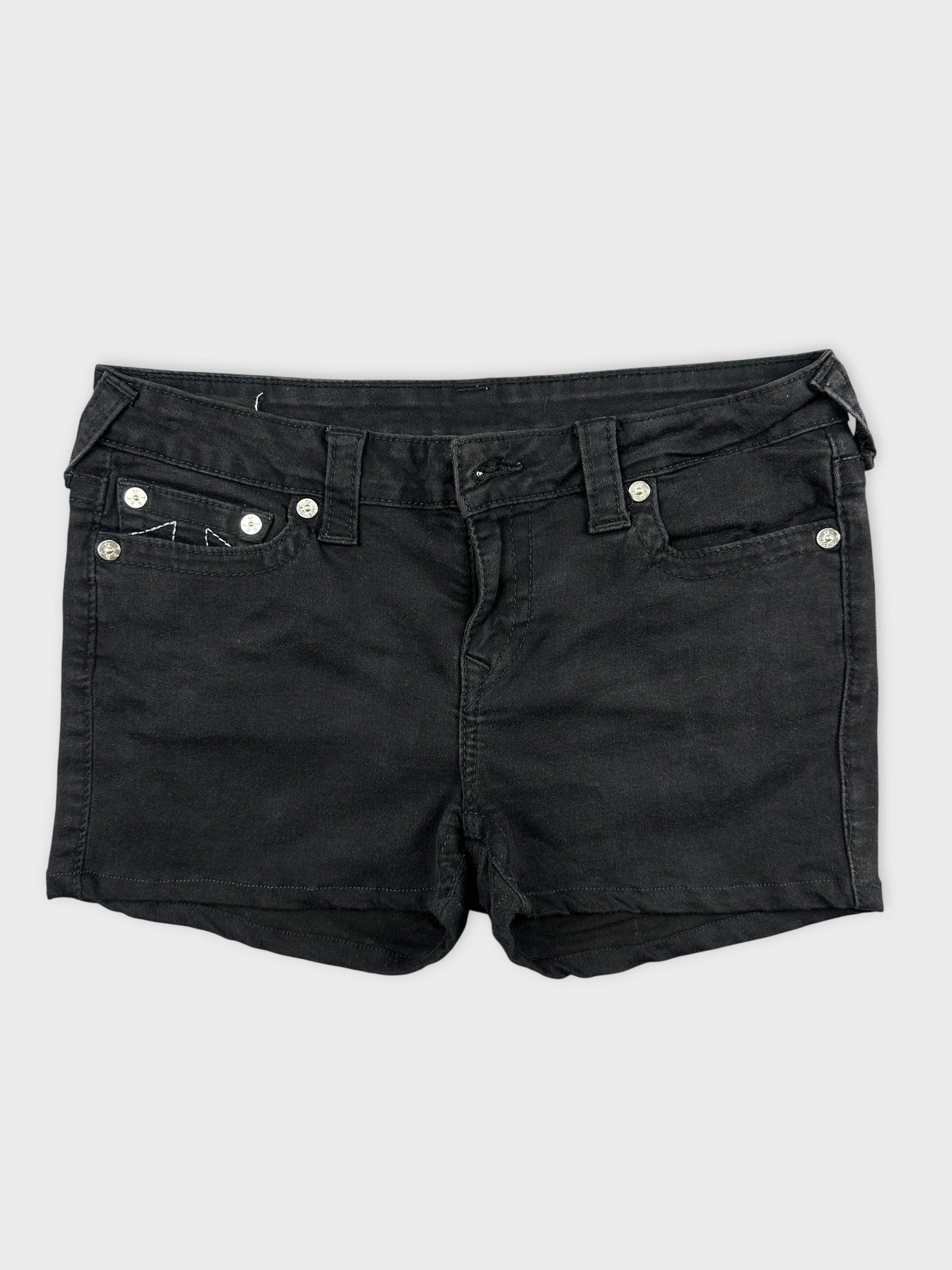 Black denim shorts with front pockets front view