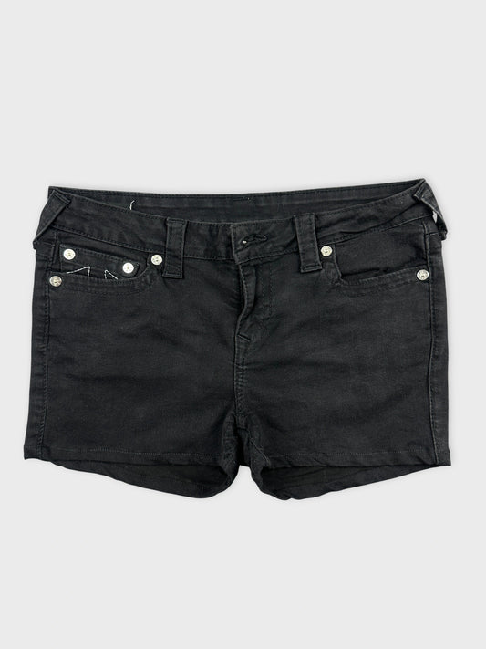 Black denim shorts with front pockets front view