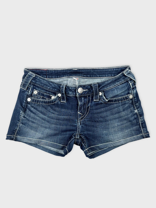 Front view of dark blue denim shorts with classic five-pocket design.